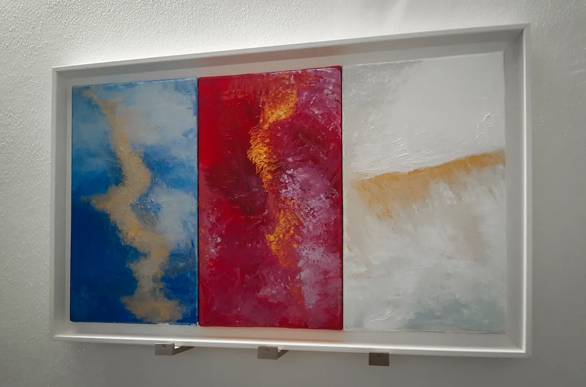 Abstract triptych painting blue red white — The Wild Nest, Ferrara