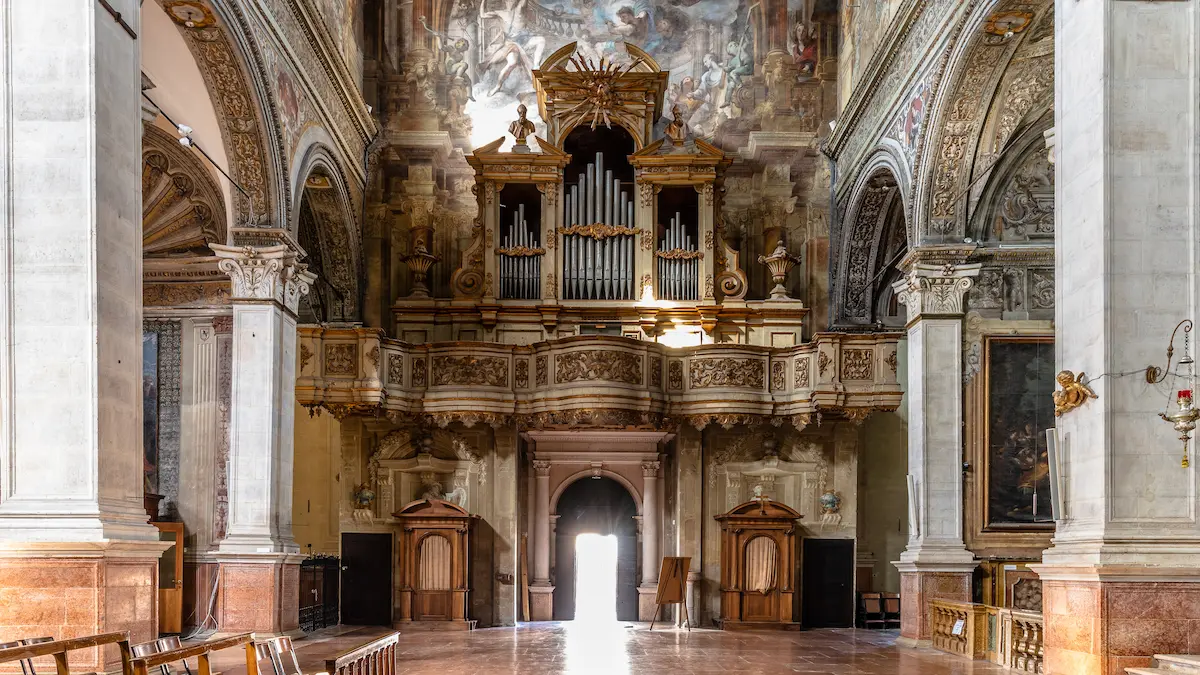 Ferrara cathedral baroque interior with pipe organ