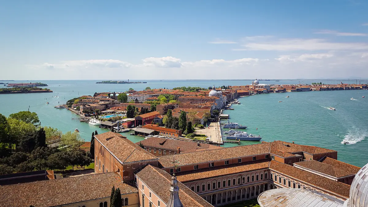 Venice aerial view over the lagoon from campanile